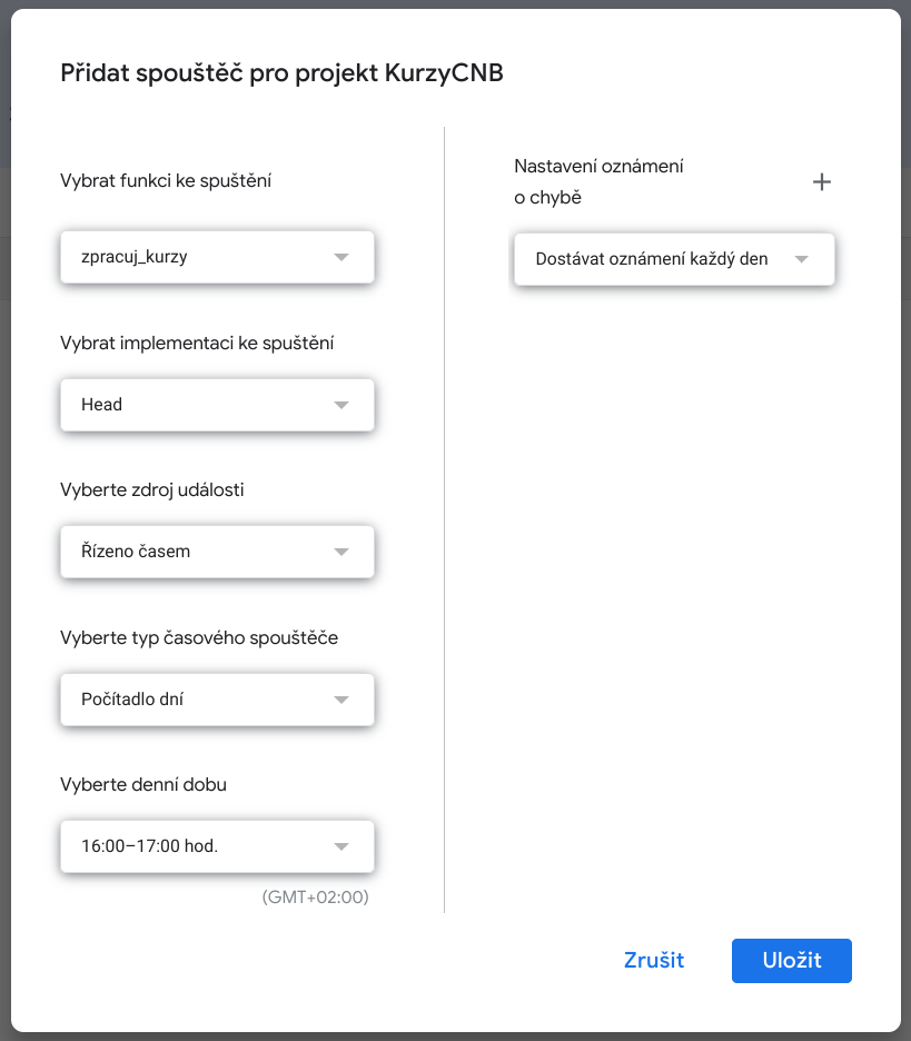 Vytvoření spouštěče v Google Apps Script - Google API