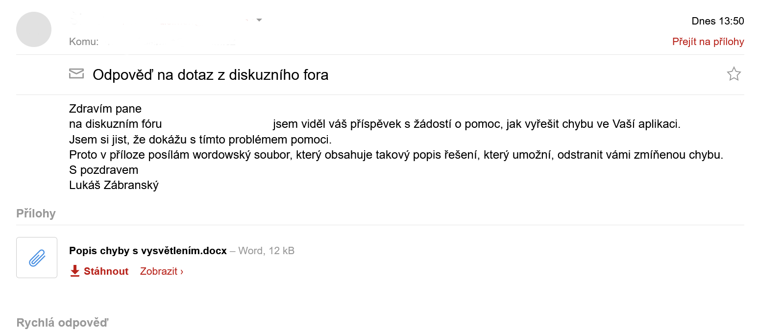 Podezřelý e-mail se škodlivou přílohou