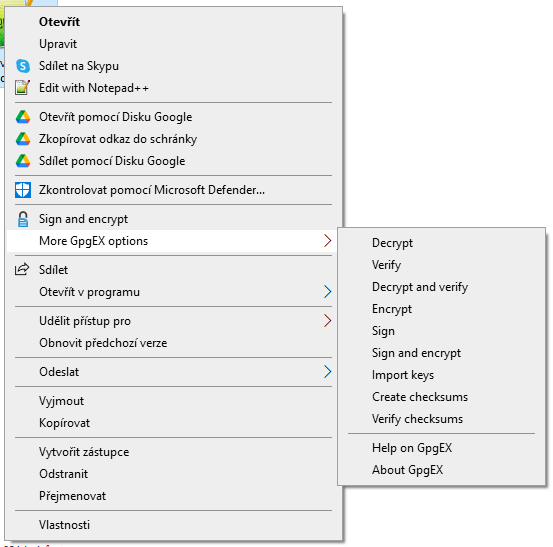 Kontextové menu Windows s otevřenou nabídkou More GpgEx options