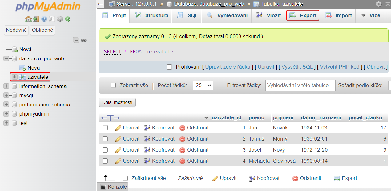 Otevření záložky pro export v phpMyAdmin - MySQL/MariaDB databáze krok za krokem