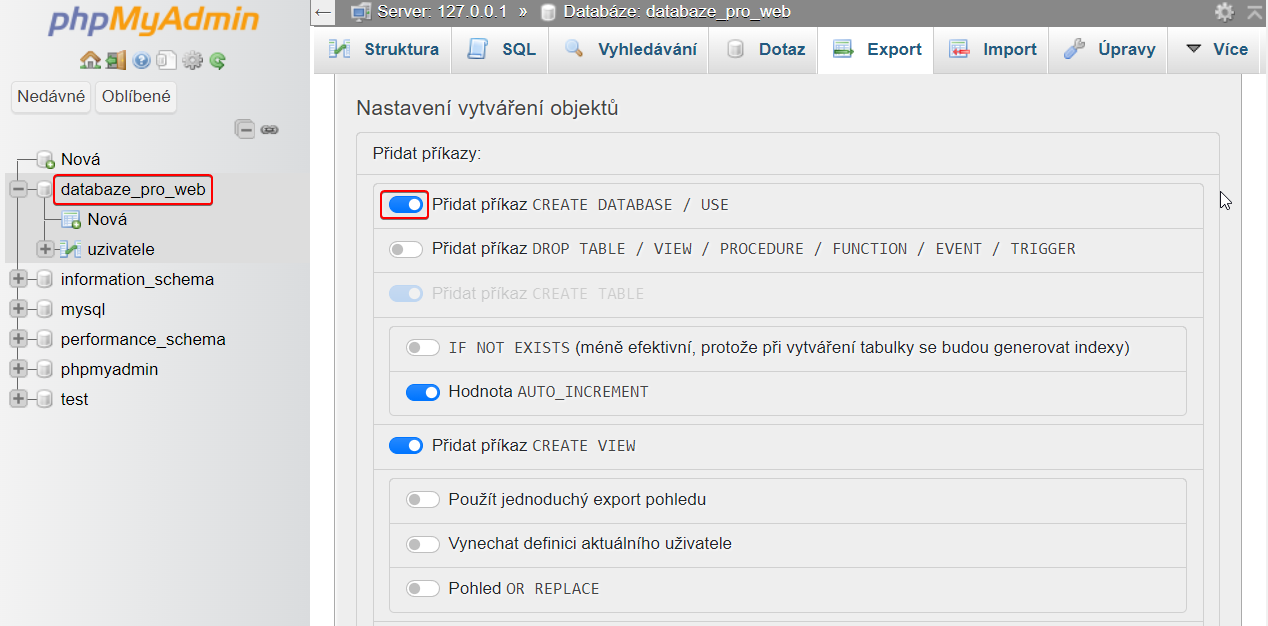 Export s příkazem pro tvorbu databáze - MySQL/MariaDB databáze krok za krokem