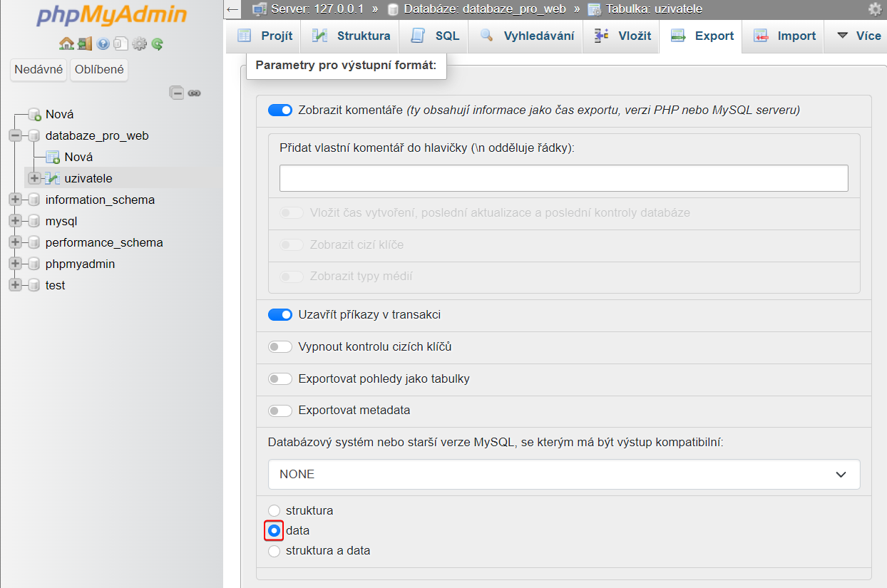 Export samotných dat - MySQL/MariaDB databáze krok za krokem