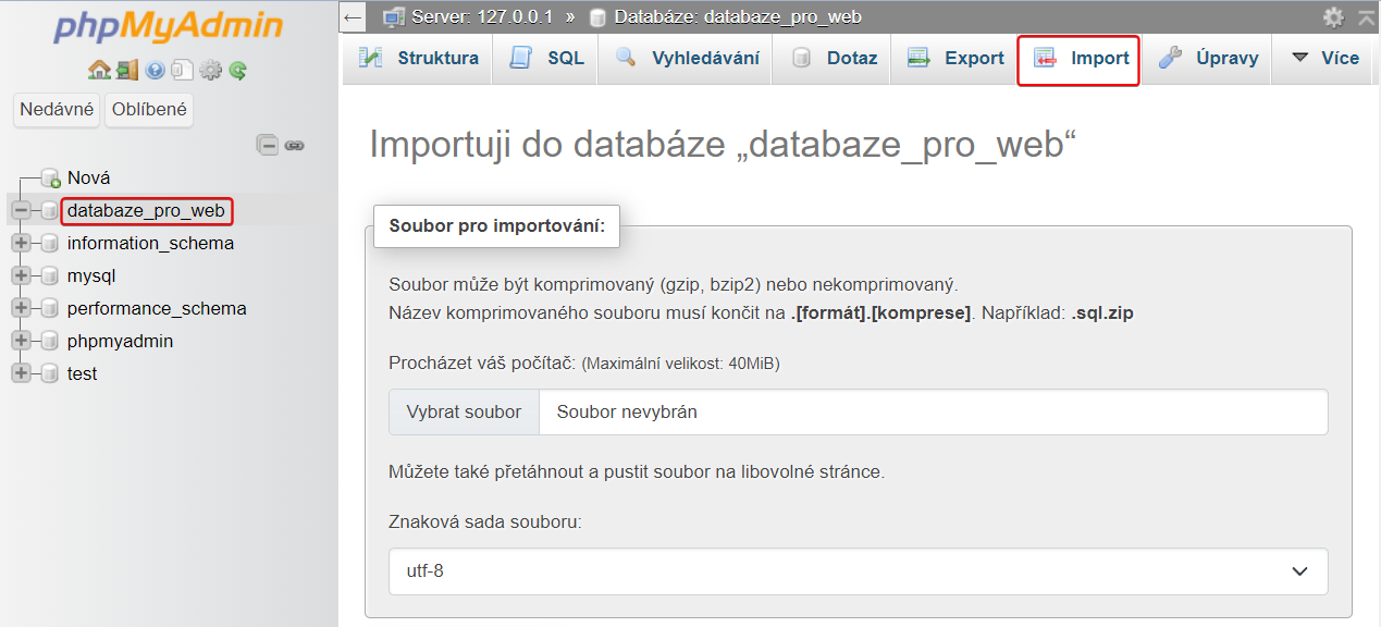 Otevření záložky pro import v phpMyAdmin - MySQL/MariaDB databáze krok za krokem