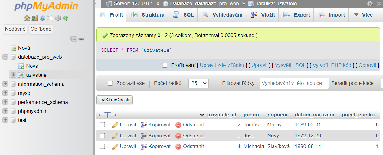 Kontrola importovaných dat - MySQL/MariaDB databáze krok za krokem