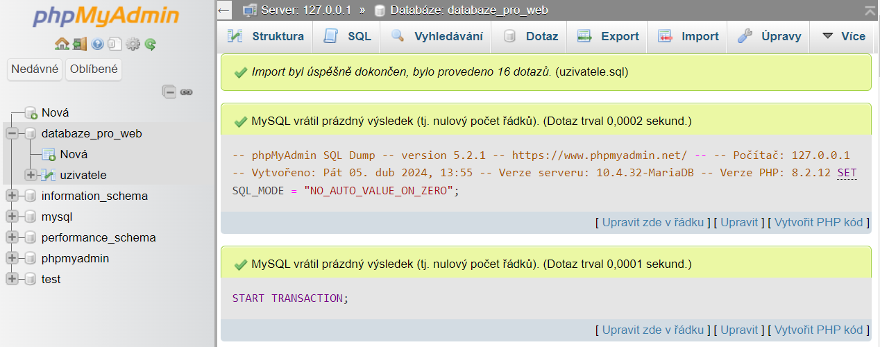 Výpis informace o úspěšném importu - MySQL