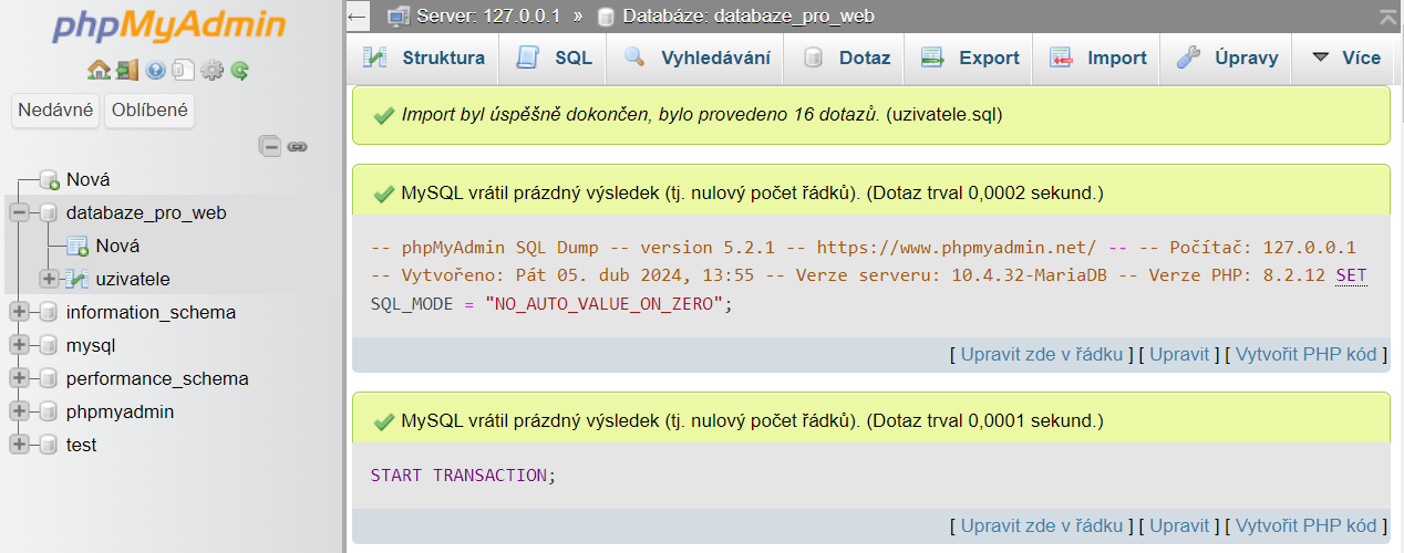 Výpis informace o úspěšném importu - MySQL/MariaDB databáze krok za krokem