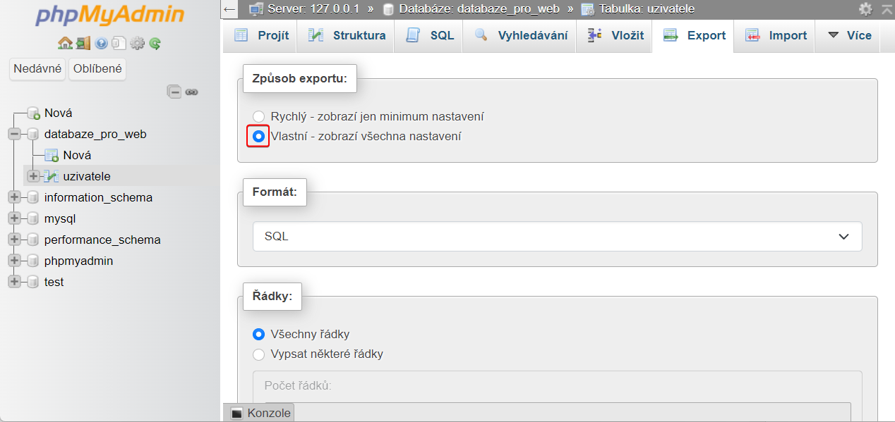 Nastavení vlastního exportu - MySQL/MariaDB databáze krok za krokem