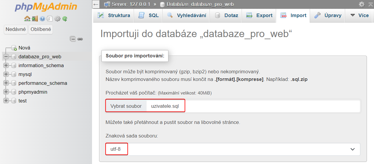 Výběr souboru pro import - MySQL/MariaDB databáze krok za krokem