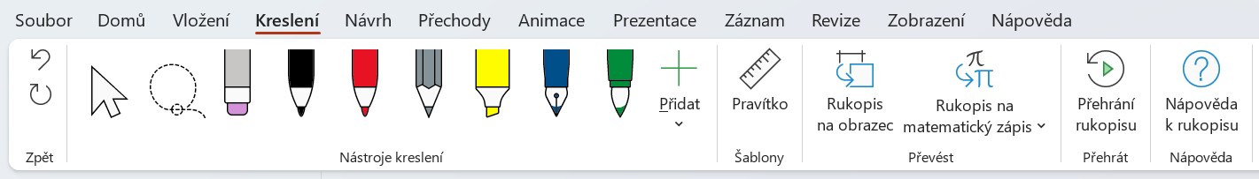 Karta Kreslení s nástroji pro práci s rukopisem v Microsoft PowerPointu - Základy Microsoft PowerPoint