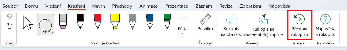 Nástroj Přehrávání rukopisu na kartě Kreslení v Microsoft PowerPointu - Základy Microsoft PowerPoint