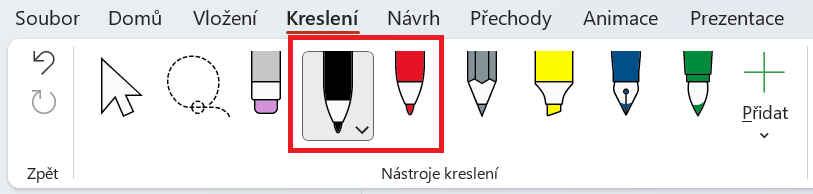Přepínání mezi různými pery na kartě Kreslení v Microsoft PowerPointu - Základy Microsoft PowerPoint