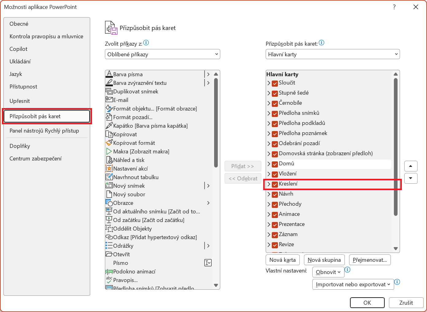 Zapnutí karty Kreslení v nastavení pásu karet Microsoft PowerPointu - Základy Microsoft PowerPoint