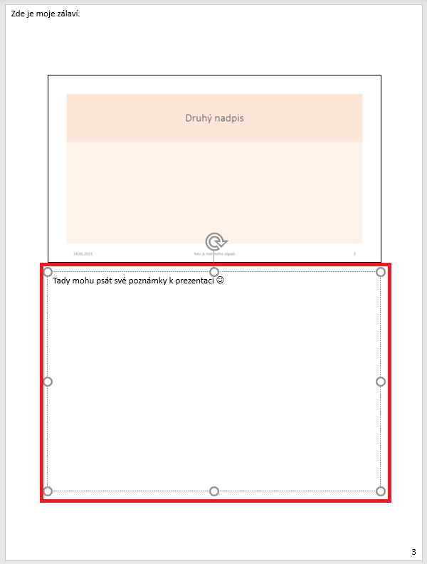 Stránka poznámek se záhlavím, snímkem a poznámkami v PowerPointu - Základy Microsoft PowerPoint