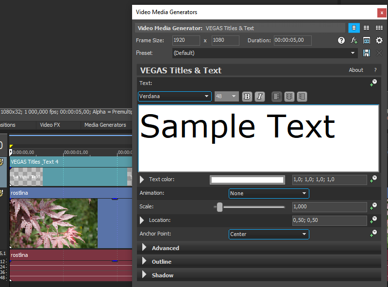 OknoTextGenerators - Úprava videa ve Vegas
