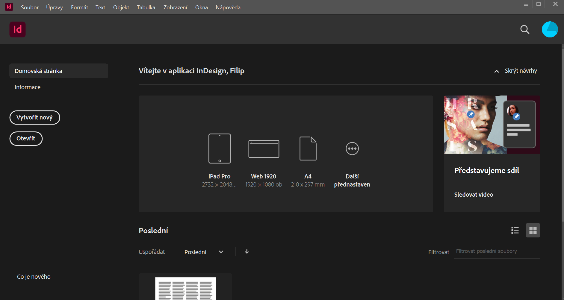 První spuštění - Základy Adobe InDesign