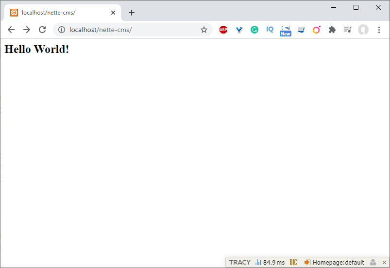 Hello World na úvodní stránce naší aplikace - Jednoduchý redakční systém v Nette