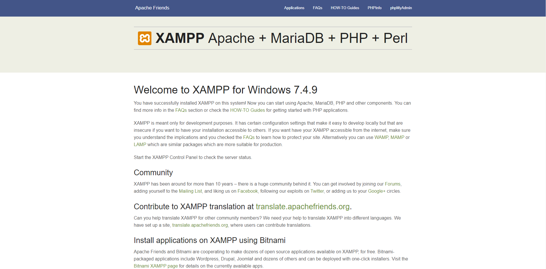 Správně nainstalovaný XAMPP server ukazuje základní stránku na localhostu - Jednoduchý redakční systém v Nette