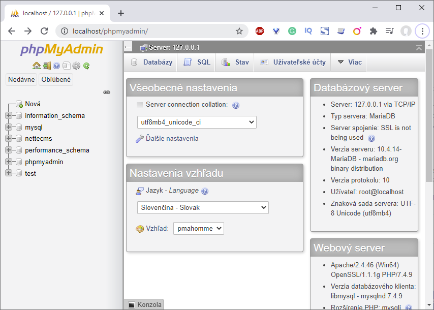 Úvodní stránka PhpMyAdmin - Jednoduchý redakční systém v Nette