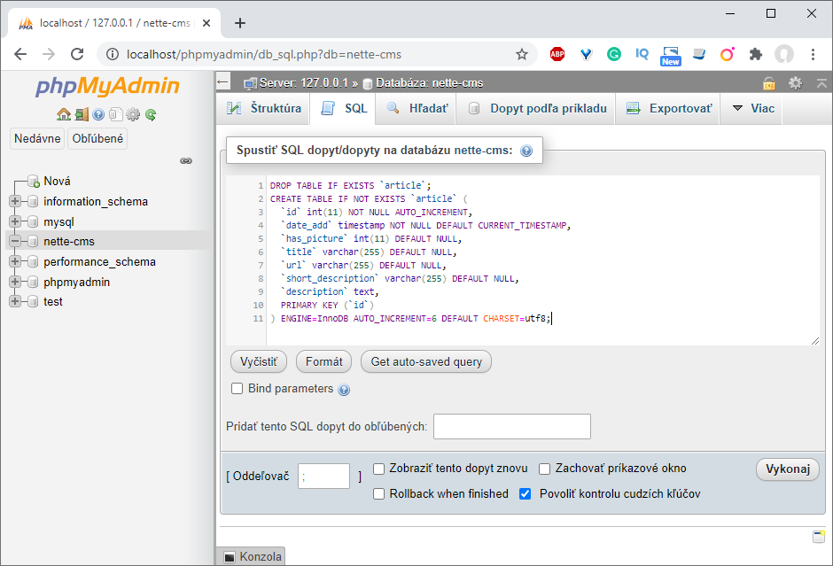 Import SQL skriptu v prostředí PhpMyAdmin - Jednoduchý redakční systém v Nette