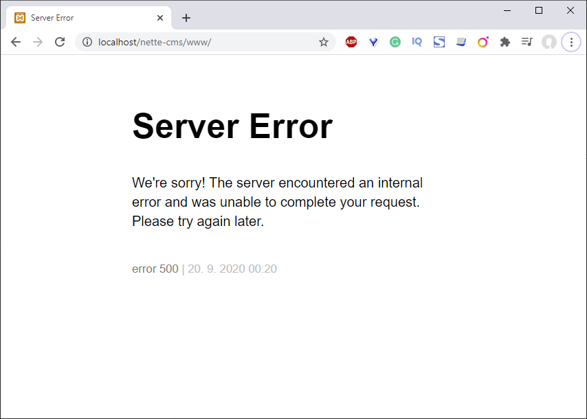 Ukážka Server Erroru při vyplé Tracy - Jednoduchý redakční systém v Nette