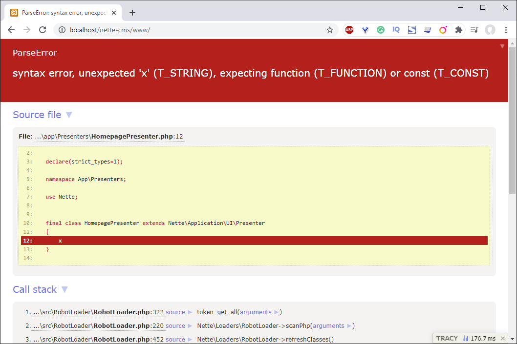 Ukázka chyby aplikace při zapnutém debug režimu - Jednoduchý redakční systém v Nette