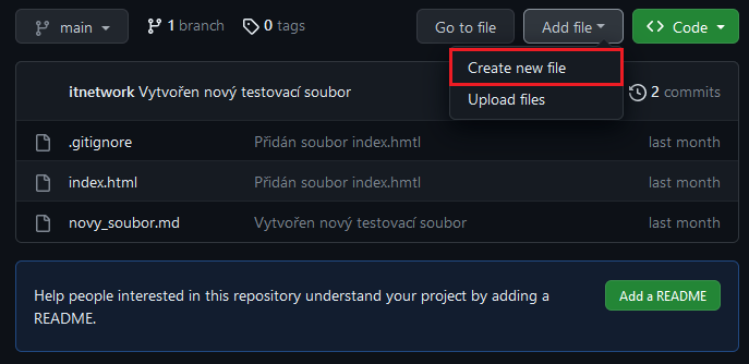 Menu pro nahrání/vytvoření souboru - Git