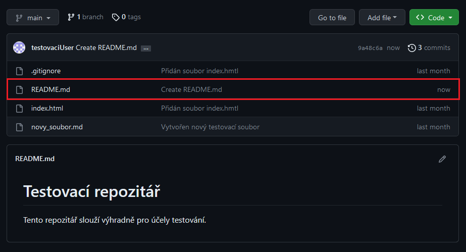 Aktualizovaný repositář po vytvoření README.md - Git