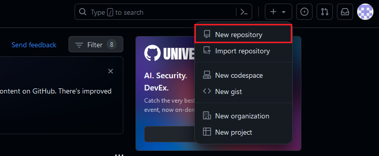 Menu pro vytvoření repositáře - Git