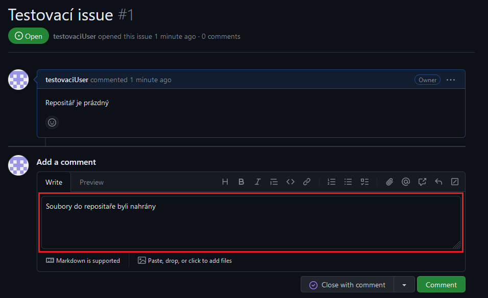 Napsání komentáře do Issue - Git