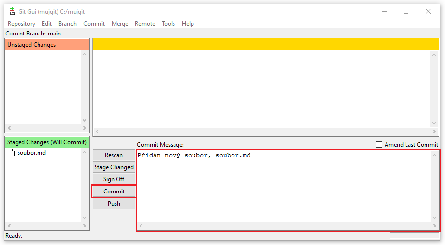 Vytvoření zprávy commitu - Git