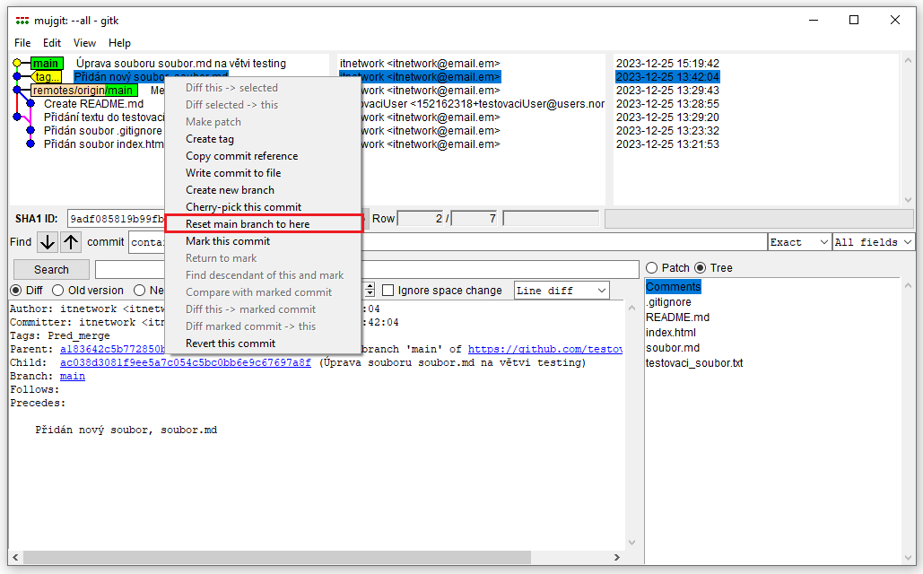 Výber Reset main branch here - Git