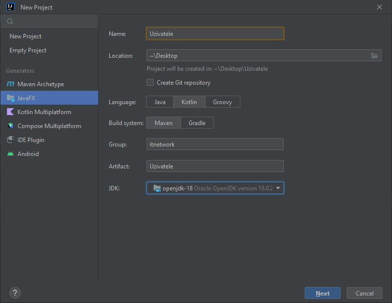 screenshot založení projektu - Soubory a práce s nimi v Kotlin
