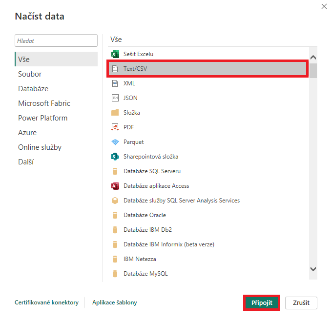 Výběr datového zdroje CSV - Datová analýza s Power BI