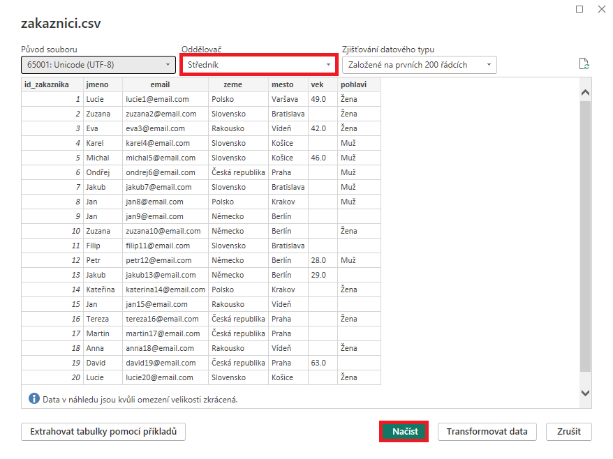 Výběr oddělovače CSV souboru - Datová analýza s Power BI