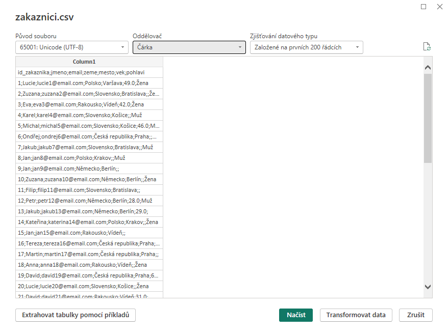 Použití nesprávného oddělovače CSV souboru - Datová analýza s Power BI