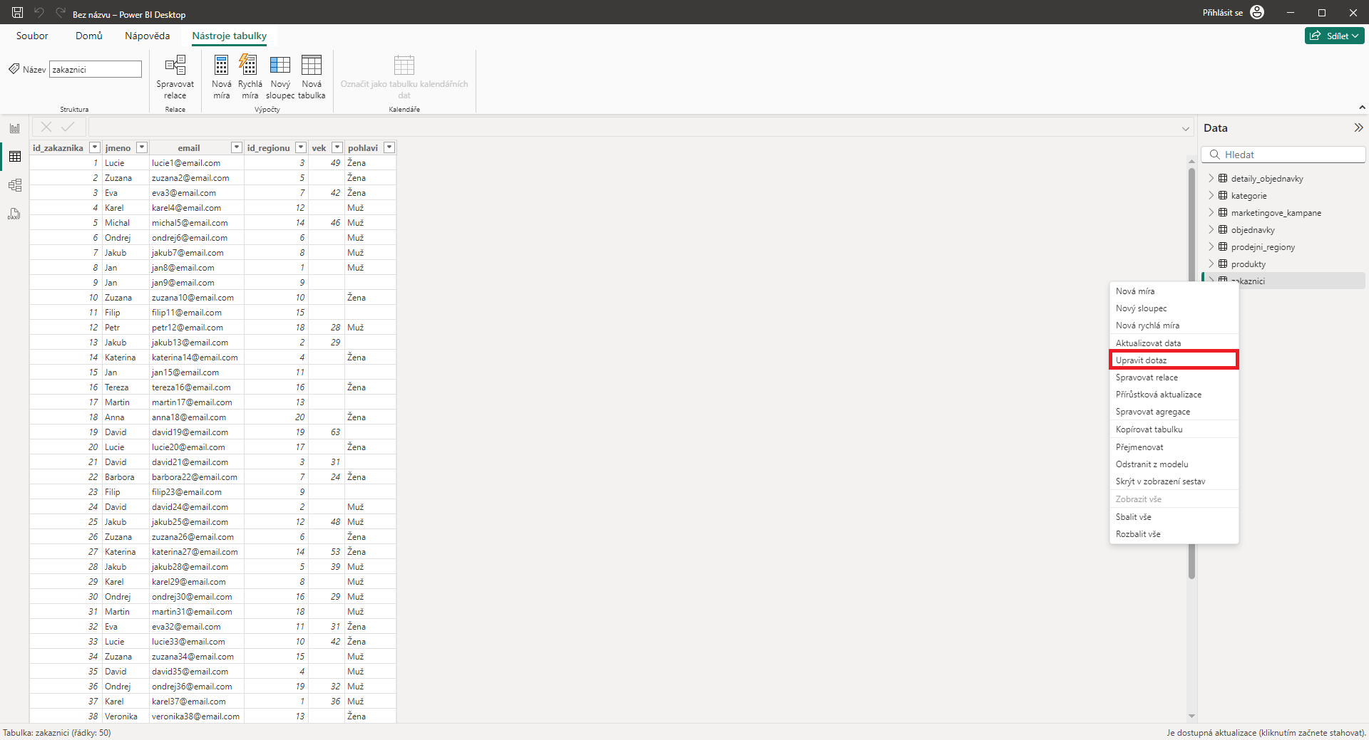 Nabídka zobrazení v editoru Power Query - Datová analýza s Power BI