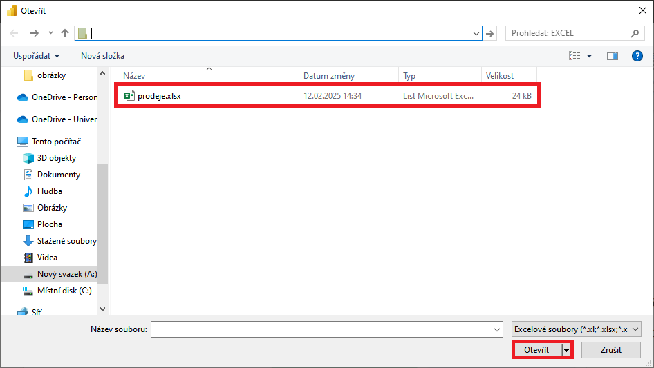Výběr excelového souboru pro import - Datová analýza s Power BI