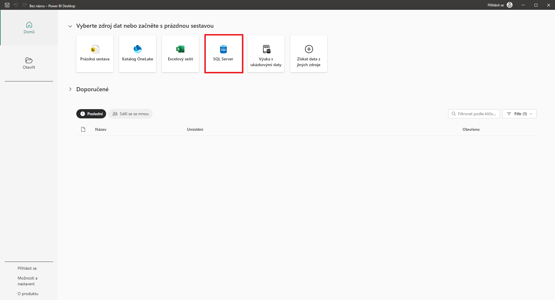Výběr SQL zdroje - Datová analýza s Power BI