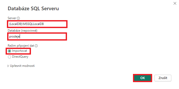 Výběr servere a databáze - Datová analýza s Power BI