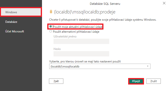 Nastavení přihlášení k SQL serveru - Datová analýza s Power BI