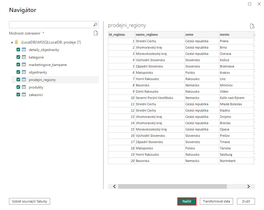 Výběr SQL tabulek - Datová analýza s Power BI