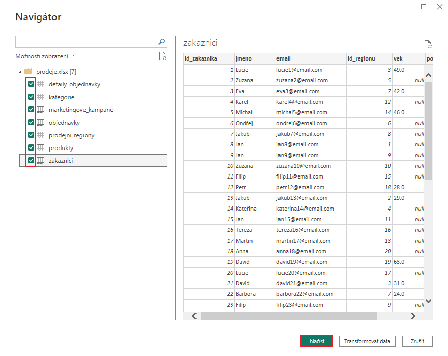 Výběr jednotlivých excelových tabulek - Datová analýza s Power BI