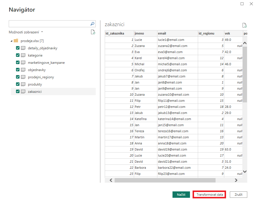 Volba Transformovat data pro otevření Power Query - Datová analýza s Power BI