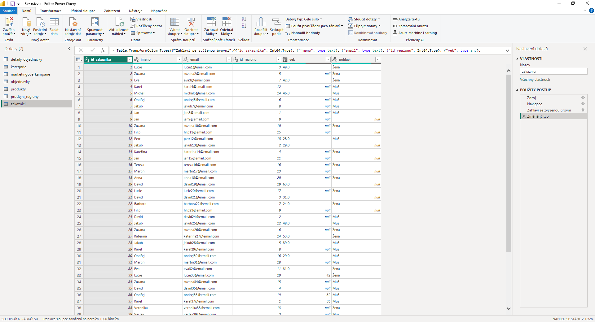 Zobrazení editoru Power Query - Datová analýza s Power BI