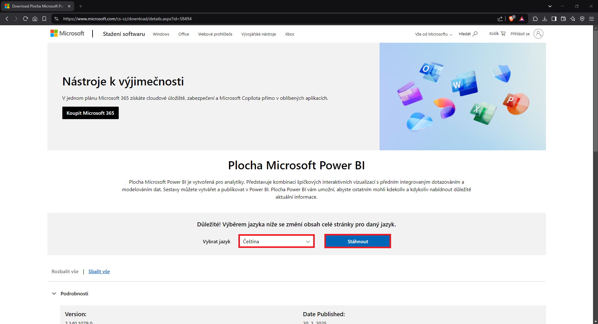 Stránka pro stažení Power BI - Datová analýza s Power BI