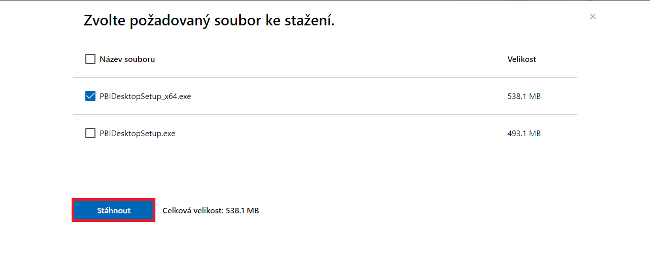 Výběr instalačního souboru Power BI - Datová analýza s Power BI