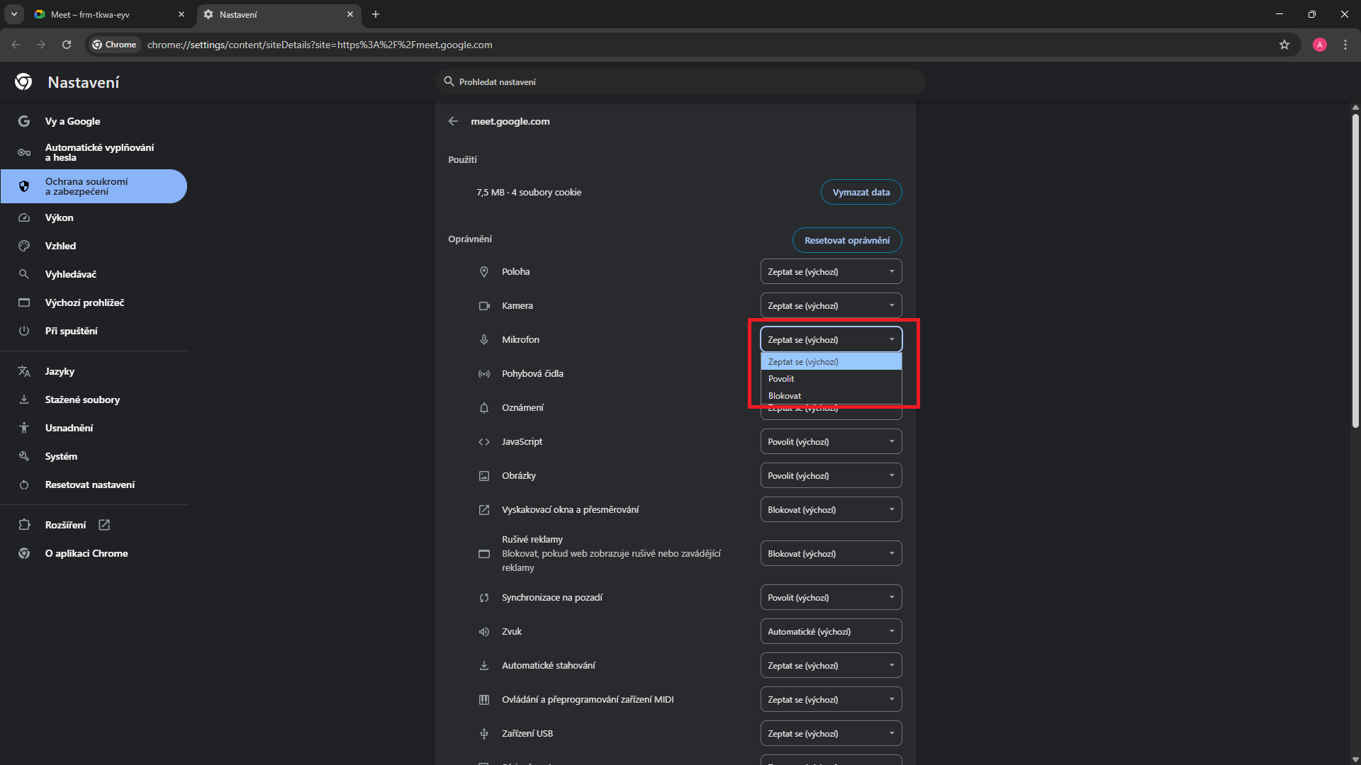 Nastavení povolení Chrome