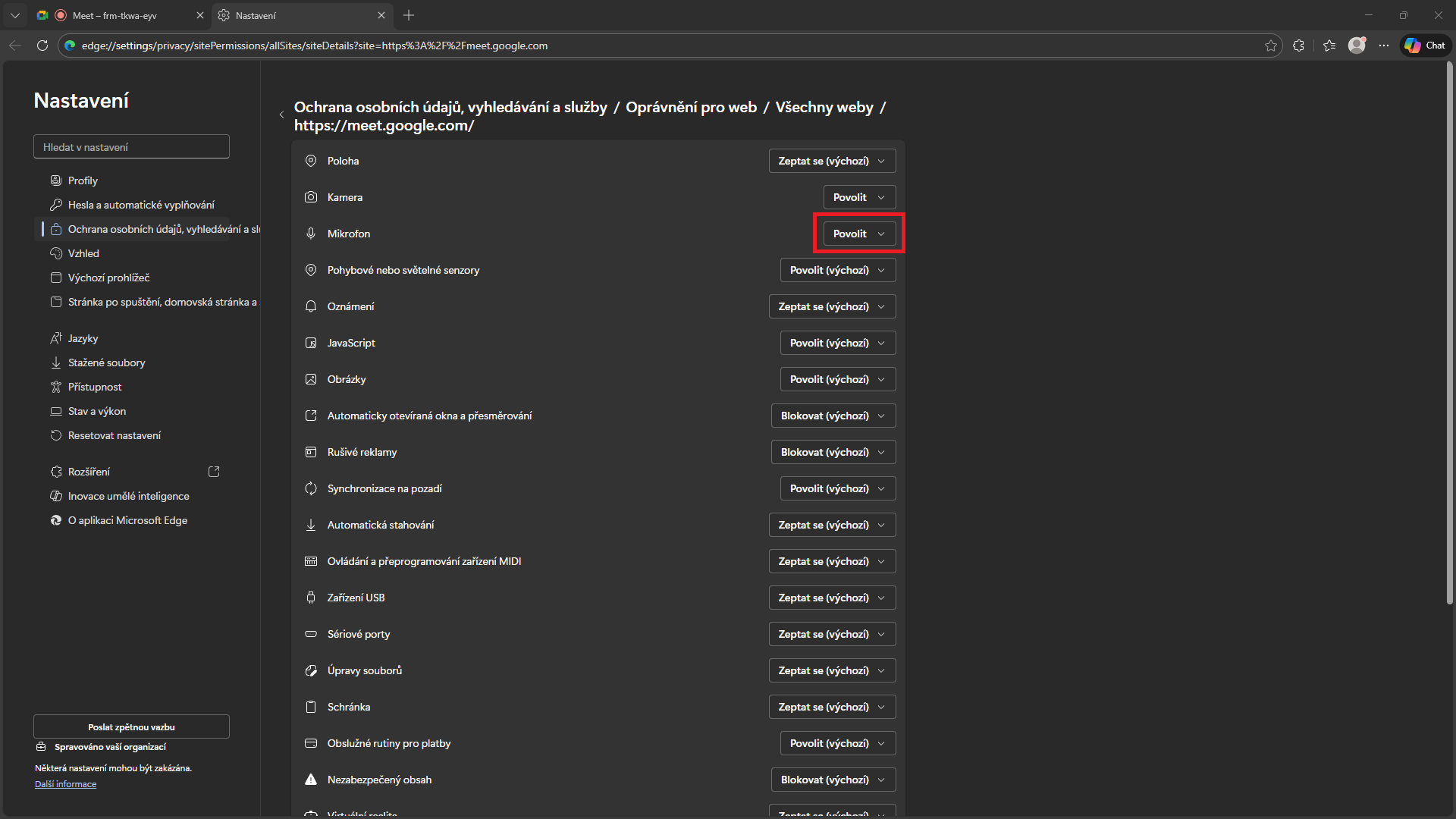 Nastavení povolení Edge