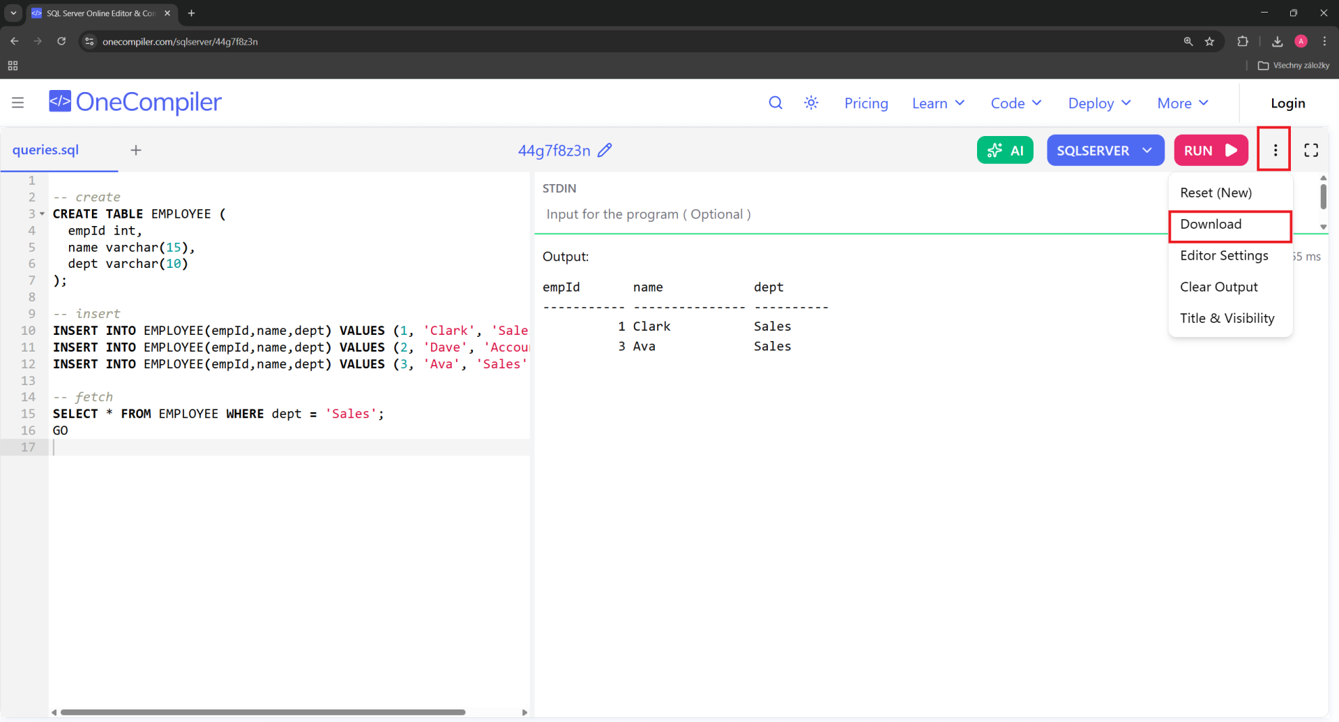 Stažení SQL souboru v OneCompileru
