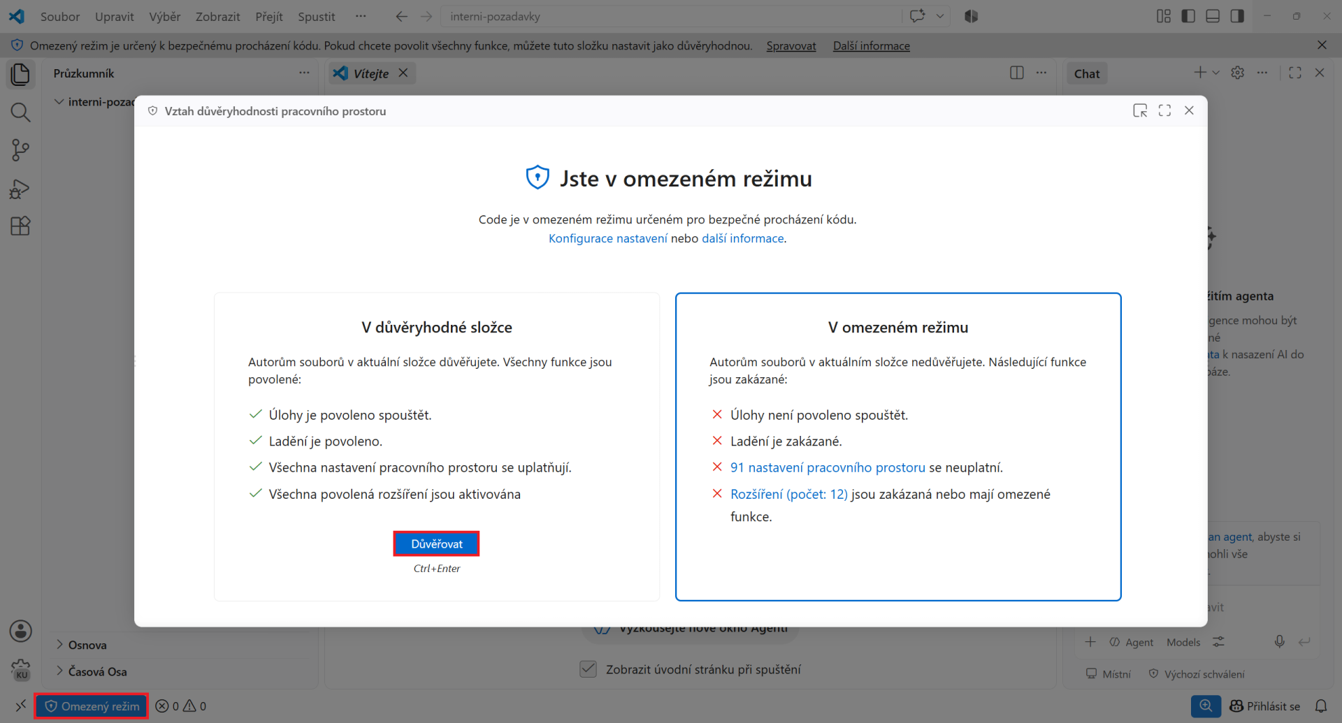 Důvěryhodnost pracovního prostoru - Vibe coding a agentic coding - Vývoj aplikací s AI